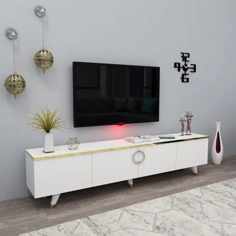 TV stolíky PULA TV stolík na nožičkách, biela / zlatá