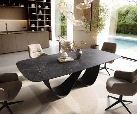 Jedálenské stoly DELIFE Jedálenský stôl Edge zaoblený 240×120 cm keramika Laminam® Nero Greco antracitová Infinity kov čierna