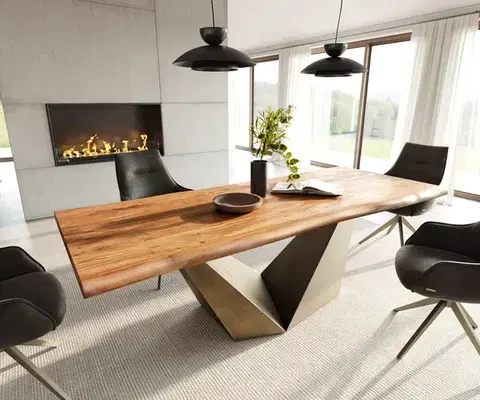 Jedálenské stoly DELIFE Jedálenský stôl Edge 240x100 akácia prírodná Prisma metalická zlatá Live-Edge