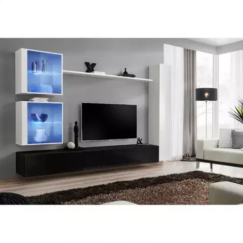 Podkrovný nábytok Obývacia stena Switch XVIII Sklo +LED Biely/čierna