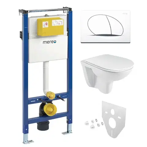 Záchody Mereo WC set - Rimless WC oblé, modul pre sadrokartón, biele oválne tlačidlo MM02NSETRS110
