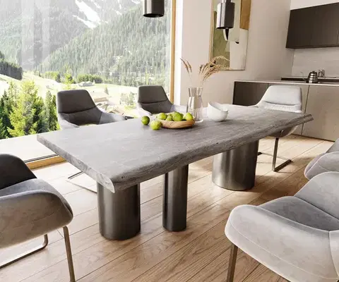 Jedálenské stoly DELIFE Jedálenský stôl Edge 220x100 XL akácia platinová Troa nerezová oceľ grafit Live-Edge