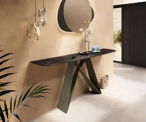Konzolové stolíky DELIFE Konzolový stolík Edge zaoblený tvar 180×40 cm keramika Laminam® Noir Desir hnedá Velio kov titánová farba