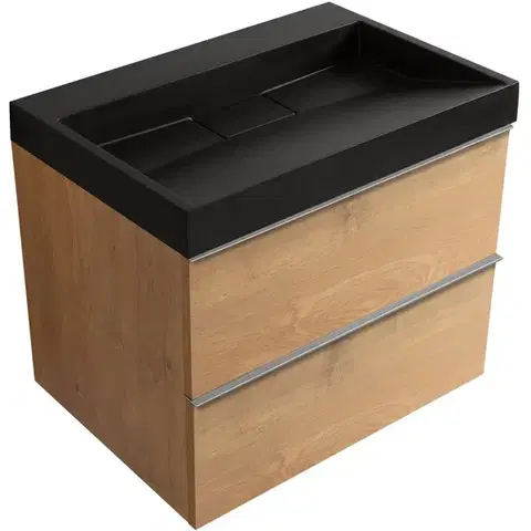 Kúpeľňový nábytok CERANO - Kúpeľňová skrinka Velora - dub medový, úchytka chróm + umývadlo z lit. mramoru Vita - čierna matná - 70x63x46,5 CER-8050BD84047