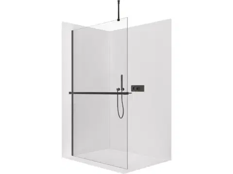 Držadlá k vani CERANO - Sprchová zástěna Walk-in Onyx Top Round L/P - 10 mm - kulatá vzpěra + polička/držák na ručníky - černá matná, transparentní sklo - 130x200  CER-8050BD711304