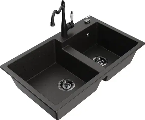Kuchynské drezy MEXEN/S MEXEN/S - Tomas granitový drez 2-bowl vrátane batérie Carla, čierna/zlatá metalik 6516-75-670700-70-B