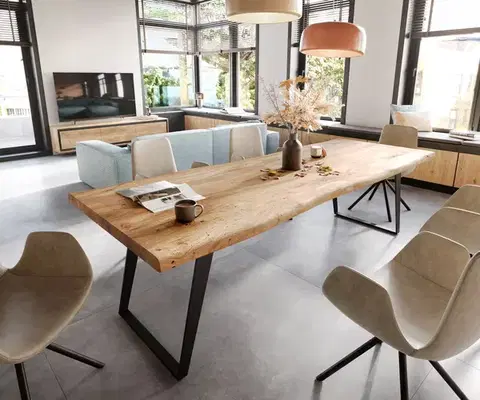 Jedálenské stoly DELIFE Jedálenský stôl Edge 260x100 XL akácia prírodná kov šikmý Live-Edge