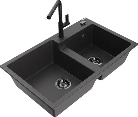 Kuchynské drezy MEXEN/S MEXEN/S - Tomas granitový drez 2-bowl vrátane batérie Flora, čierna kropenatá 6516-76-670401-70-B