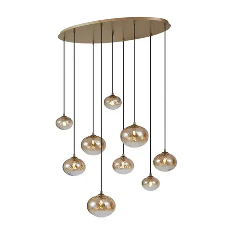 Závesné svietidlá Závesná lampa Art Deco zlatá s jantárovým sklom 9-Lights - Jia