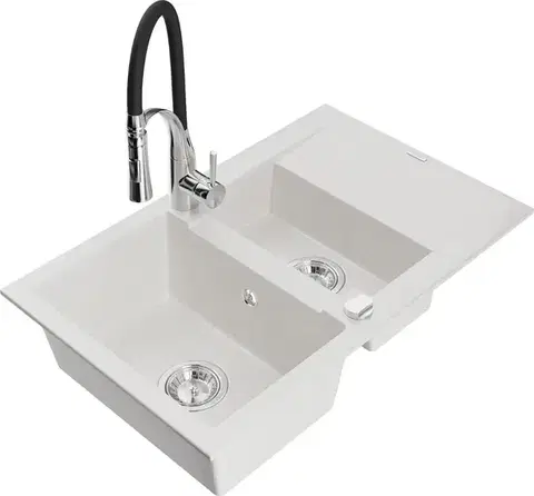 Kuchynské drezy MEXEN/S MEXEN/S - Gaspar granitový drez 1.5 s odkvapkávačom vrátane batérie Aster, biela 6507-20-73450-07