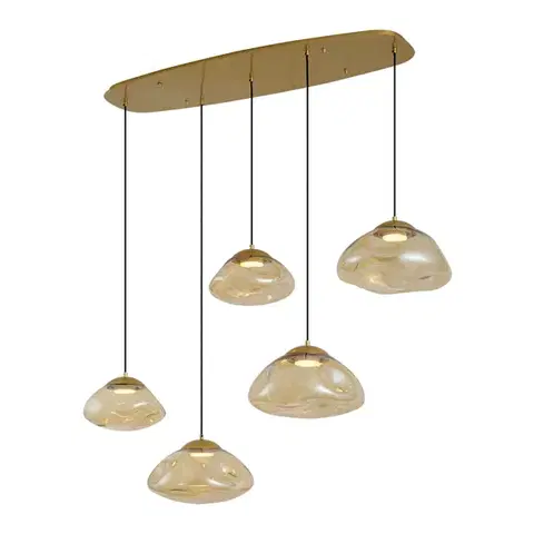 Závesné svietidlá Hotelová elegantná závesná lampa mosadzná s jantárovým sklom 5-svetiel - Gus
