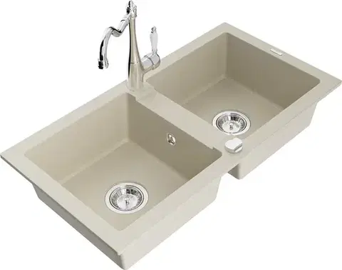 Kuchynské drezy MEXEN/S MEXEN/S - Mario granitový drez 2-bowl vrátane batérie Carla, béžová 6504-69-670700-00