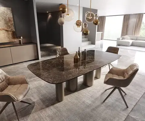 Jedálenské stoly DELIFE Jedálenský stôl Edge zaoblený tvar 240x120 keramika Laminam® Emperador Extra Lucidato tmavohnedá kovová podstava efekt titán