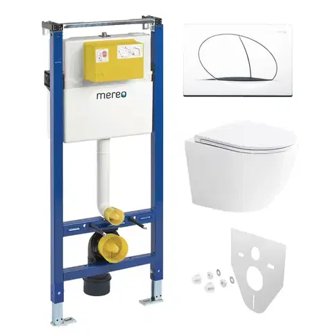 Záchody Mereo WC set - Smart flush rimless WC oblé, modul pre sadrokartón, biele oválne tlačidlo MM02NSETRT210