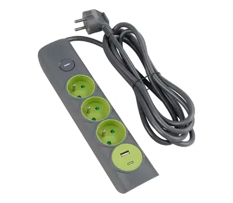 Predlžovacie káble  - Predlžovací kábel s vypínačom, 3 zásuvky, Typ E + 1x USB-A + 1x USB-C, 1,4 m, sivý 52001121