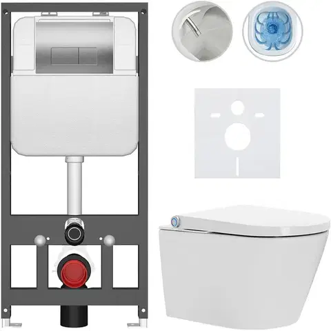 Záchody CERANO - Závesné WC s bidetom Basic/Cronus Standard - biela lesklá - WC tlačidlo Modulo/Strieborná - závesné - predstenová inštalácia - 59,3x38,4 CER-8050BD86463