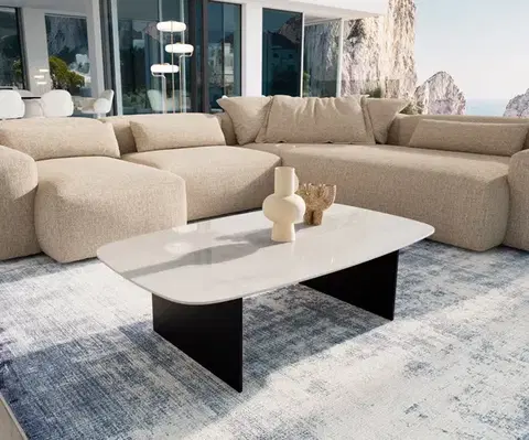 Konferenčné stolíky DELIFE Konferenčný stolík Edge zaoblený 120×70 cm keramika onyx šampanské salto kov čierna