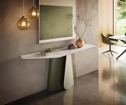 Konzolové stolíky DELIFE Konzolový stolík Edge polygonálny 180×50 cm keramika onyx perla Livos kov titánová farba