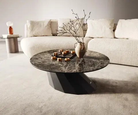 Konferenčné stolíky DELIFE Konferenčný stolík Edge okrúhly 90x90 cm keramika Laminam® Emperador Extra Lucidato tmavohnedá Parabi kov čierna