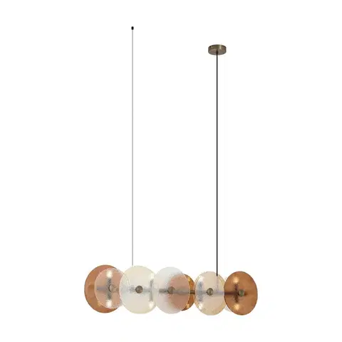 Závesné svietidlá Závesná lampa Art Deco bronzová s jantárovým sklom rovná 8-svetelná - Text