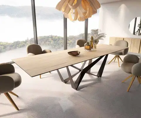 Jedálenské stoly DELIFE Jedálenský stôl Edge 300x100 keramika Laminam® sabbia dubová farba spider plochá oceľ čierna