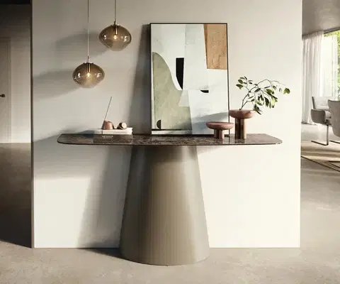 Konzolové stolíky DELIFE Konzolový stolík Edge zaoblený 140×40 cm keramika Emperador Extra Lucidato tmavohnedá kužeľová kovová titánová farba
