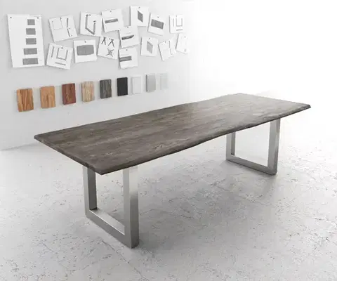 Jedálenské stoly DELIFE Jedálenský stôl Edge 260x100 akácia platinová nerezová oceľ široký Live-Edge