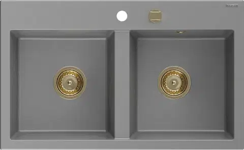 Kuchynské drezy MEXEN/S MEXEN/S - Hektor granitový drez 2-bowl 800 x 480 mm, sivá, zlatý sifón 6521802000-71-G