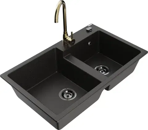 Kuchynské drezy MEXEN/S MEXEN/S - Tomas granitový drez 2-bowl vrátane batérie Telma, čierna/zlatá metalik 6516-75-670200-50-B
