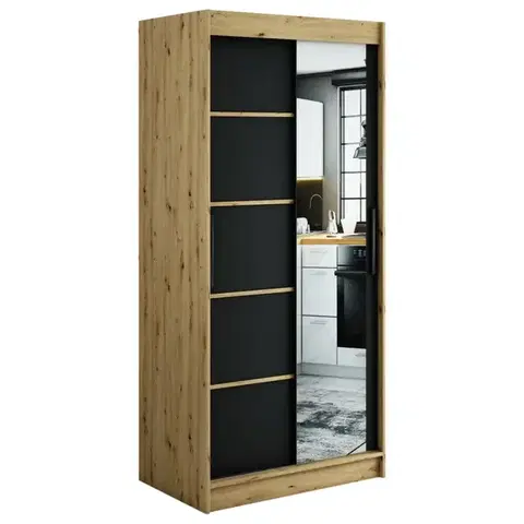 Šatníkové skrine Skriňa Halifax V2 100 Dub Artisan/čierna/Zrkadlo