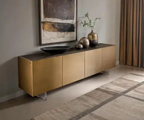 Komody DELIFE Komoda Kazu 220 cm metalická zlatá 4 dvierka akrylová podstava keramika Laminam®Noir Desir hnedá