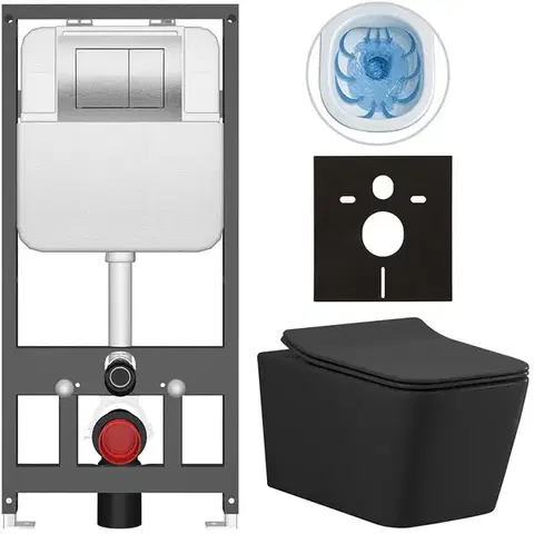 Záchody CERANO - Kompletný WC set Basic/Forte - čierna matná - WC tlačidlo Maxio/Strieborná - závesné - predstenová inštalácia - 51x36 CER-8050BD86403