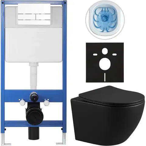 Záchody CERANO - Kompletný WC set Profi/Cesso - čierna matná - WC tlačidlo Line/Biela - predstenová inštalácia - 49x36 CER-8050BD84263