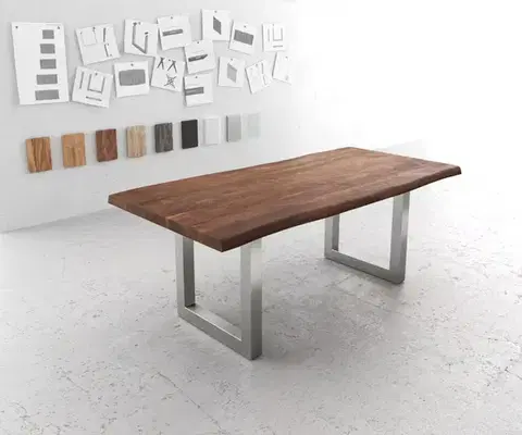Jedálenské stoly DELIFE Jedálenský stôl Edge 200x100 XL akácia hnedá nerezová oceľ široký Live-Edge