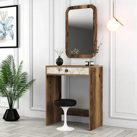 Toaletné Toaletný stolík Lizbon Mirror - Walnut, White, Marble