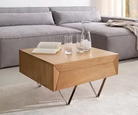 Konferenčné stolíky DELIFE Konferenčný stolík Kayu 60x60 cm akácia prírodná 2 zásuvky podstava v tvare V nerezová oceľ