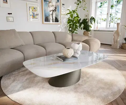 Konferenčné stolíky DELIFE Konferenčný stolík Edge zaoblený tvar 140×80 cm keramika Onyx Pearl Conis kov titánová farba efekt