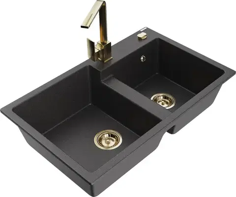 Kuchynské drezy MEXEN/S MEXEN/S - Tomas granitový drez 2-bowl vrátane batérie Rita, čierna kropenatá 6516-76-670300-50