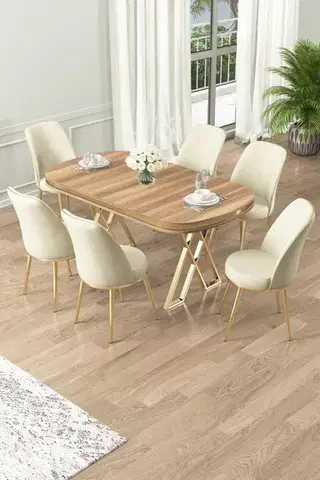 Jedálenské sety Dining Table & Chairs Set (7 Pieces) Lai - Light Walnut, Gold, Cream