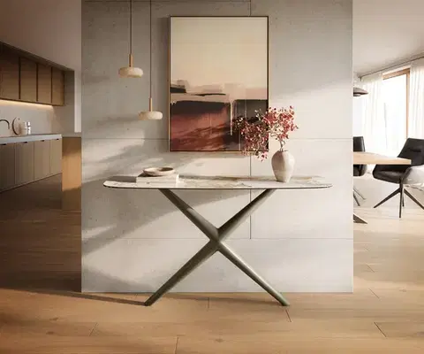 Konzolové stolíky DELIFE Konzolový stolík Edge zaoblený 140×40 cm keramika Minas Melange bielo-béžová Estelo kov titánová farba