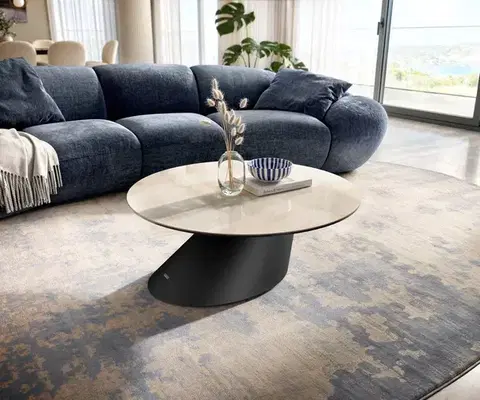 Konferenčné stolíky DELIFE Konferenčný stolík Edge okrúhly 90×90 cm keramika onyx šampanské Conis kov čierna