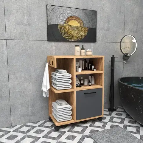 Kúpeľňové skrinky Viacúčelová skrinka Rebusa - Atlantic Pine, Anthracite