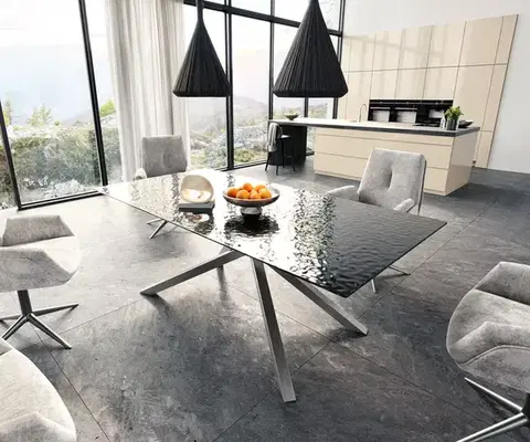 Jedálenské stoly DELIFE Jedálenský stôl Edge 200x100 reliéfne sklo dymovo čierna 3D dizajn krížová podstava hranatý nerezová oceľ