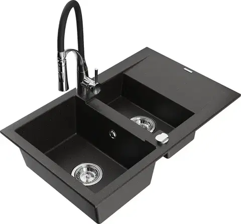 Kuchynské drezy MEXEN/S MEXEN/S - Gaspar granitový drez 1.5 s odkvapkávačom vrátane batérie Aster, čierna/zlatá metalik 6507-75-73450-07