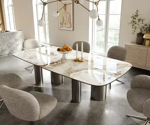 Jedálenské stoly DELIFE Jedálenský stôl Edge zaoblený 240×120 cm keramika Minas Melange bielo-béžová pilier nerezová oceľ grafitová