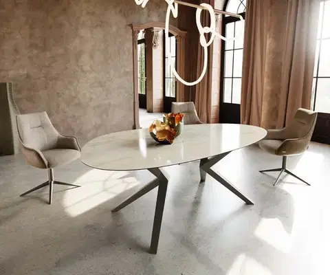 Jedálenské stoly DELIFE Jedálenský stôl Edge oválny 220x120 keramika Iris FMG Onice Oro Zenthara hranatý kov efektová povrchová úprava titánová
