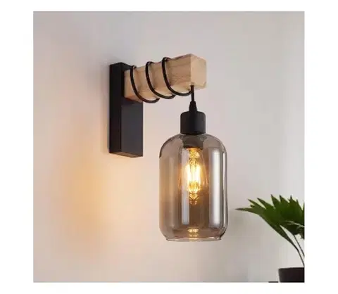 Svietidlá Brilagi - Nástenné svietidlo WOOD GLASS 1xE27/60W/230V borovica/čierna/dymová sivá EG44078+NSTK7757