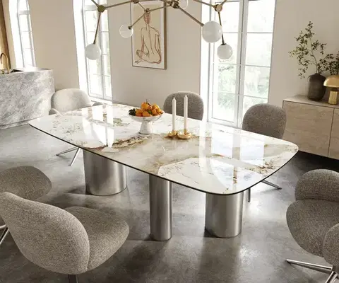 Jedálenské stoly DELIFE Jedálenský stôl Edge zaoblený 240×120 cm keramika Minas Melange bielo-béžová Troa nerezová oceľ kefovaná