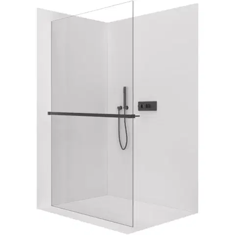 Sprchové dvere CERANO - Sprchová zástena Walk-in Crystal Ľ/P - 10 mm + polička/držiak na uteráky - bezvzperový systém - čierna matná, transparentné sklo - 160x200 CER-8050BD82799