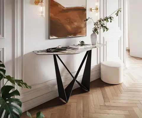 Konzolové stolíky DELIFE Konzolový stolík Edge polygonálny 140×50 cm keramika patagonia leštená Spios kov čierna